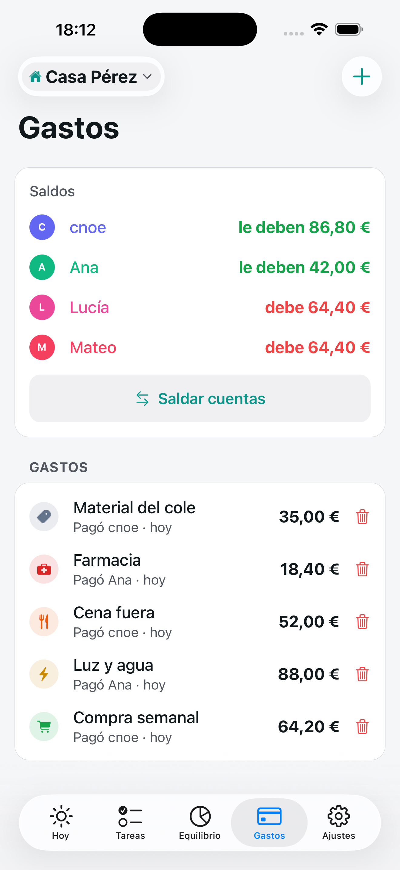 Pantalla Gastos de nntask